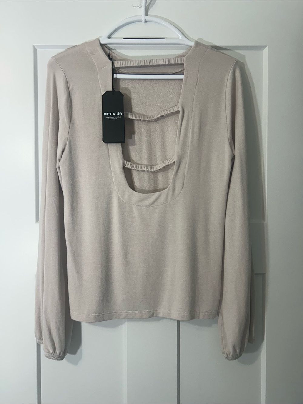 LA made Neutral Beige Long Sleeve Cutout Back Top